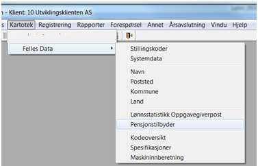 Velg Kartotek Felles Data Pensjonstilbyder (menypunktene er krympet av plasshensyn her) som vist under: Legg inn verdier for pensjonstilbydere, skill dem fra hverandre med å gi dem ett unikt nummer.