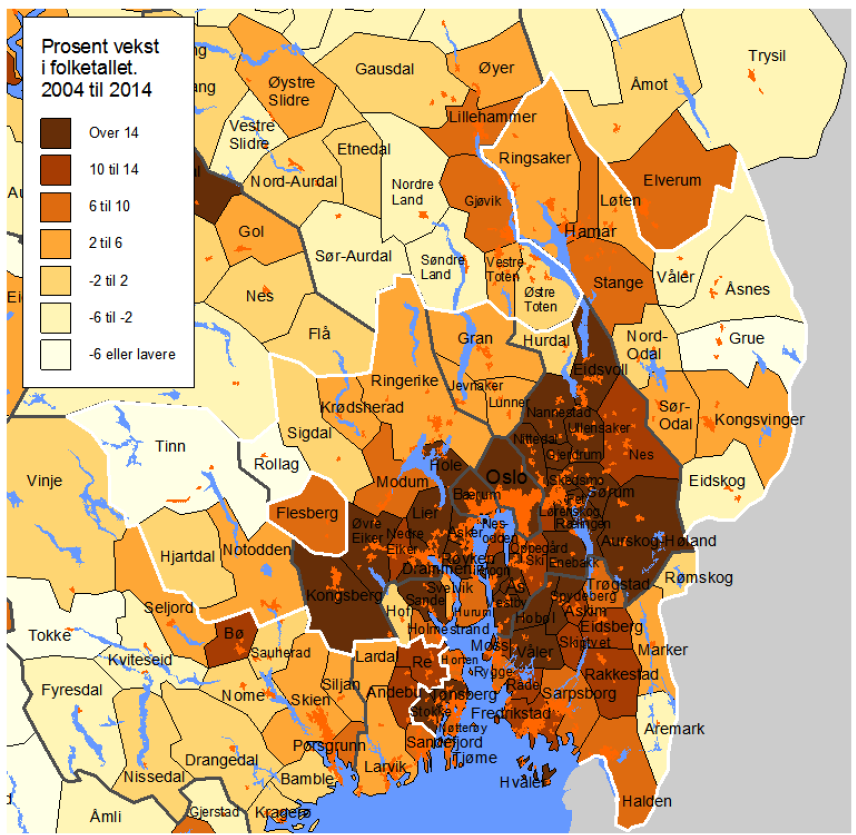 Befolkningsvekst 2004-14 (prosent) Bef. Bolig Arb.