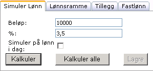 Uavhengig om brukeren har trykket Kalkuler eller Kalkuler alle, gjør systemet en beregning av hva økningen i fastlønn og/eller tillegg vil koste og resultatet fremkommer øverst i skjermbilde til