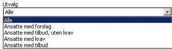 Parameter Forhandling Fagforening Stillingskode F.o.m. Ansvarssted (overskrift avhenger av kundeopsett) T.o.m.ansvarssted (overskrift avhenger av kundeoppsett) Tjenestested/funksjon (overskrift avhenger av kundens oppsett) Navn Fødselsnummer Utvalg Verdi Velg forhandlingsreferanse fra nedtrekkslisten.