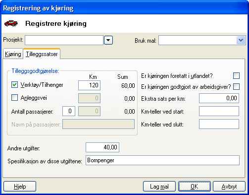 REISEREGNING Legg inn informasjon i de resterende feltene. I feltet Reiserute kan du skrive inn hvor du kjørte fra til, og dersom du kjørte en omvei skal dette noteres i feltet Omkjøring nedenfor.