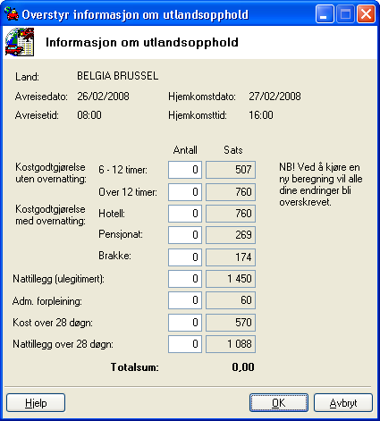 REISEREGNING Du får nå se beregnet Antall for hver godtgjørelse og beløpene som er beregnet for landet du har vært i. Disse satsene er forhåndsdefinert ut fra Statens regulativ.