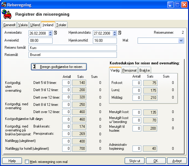 REISEREGNING Klikk på knappen Beregn godtgjørelse for reisen hvis du vil at programmet skal gjøre dette automatisk på bakgrunn av opplysningene du tidligere har registrert.