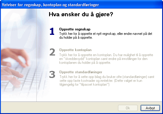 PRIVATREGNSKAP Veiviser for opprettelse av regnskap, kontoplan og standardføringer Veiviseren hjelper deg å opprette regnskap, kontoplan og standardføringer.