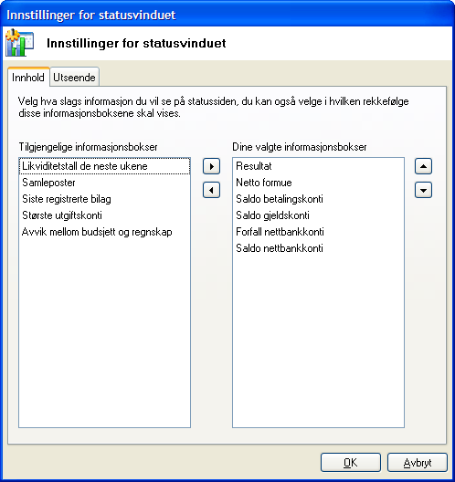 PRIVATREGNSKAP Innhold I fanekortet Innhold kan du velge hvilke informasjonsbokser som skal vises i statusvinduet.