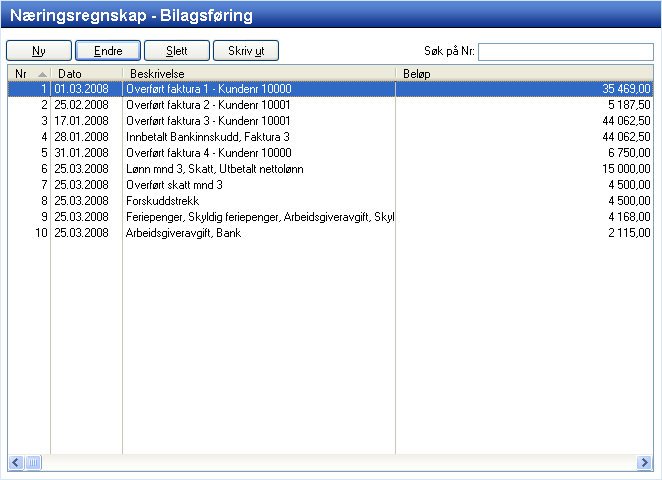 NÆRINGSREGNSKAP BILAGSFØRING I Bilagsføring kan du opprette nye bilag, endre eller slette eksisterende og skrive ut enkeltbilag.