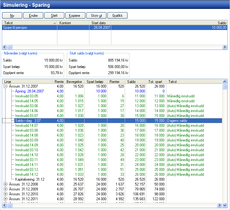 SIMULERING SPARING I Sparing kan du holde oversikt over sparing på forskjellige kontoer. I vinduets øvre del registrerer og vedlikeholder du de praktiske detaljene rundt sparingen.