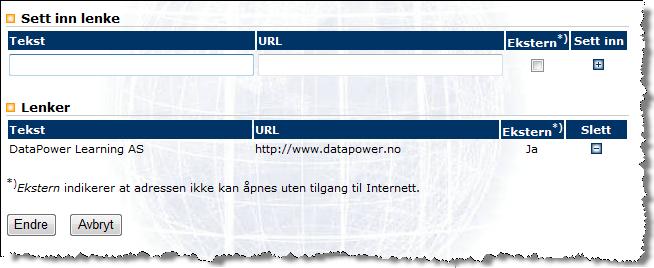 Ved å klikke på Lenker for aktuelt emne kan du sette inn lenker til for eksempel eksterne websider, se eksemplet vist i Figur J.