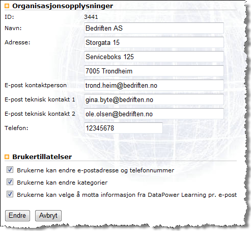 Organisasjon Lenken Organisasjon gir administrator mulighet til å endre opplysninger om bedriften og brukertillatelser.