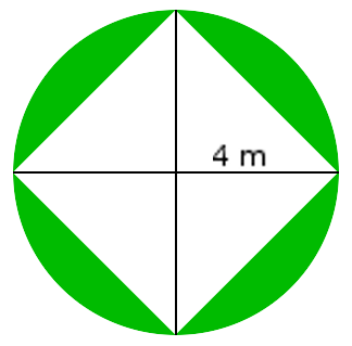 35 Arealet av det grønne området = arealet av firkanten arealet av den hvite sirkelen inne i firkanten. Vi må finne arealet av firkanten og sirkelen. Vi ser at radius i den hvite sirkelen er 5 m.