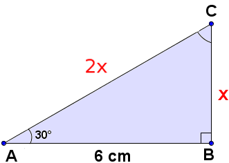44 Da er den lengste siden BC 2 ganger så lang som den korteste siden AC. Det betyr at den korteste siden AC må være lik = 4 cm. Vi skal nå finne lengden til siden AB og kaller denne lengden for x.