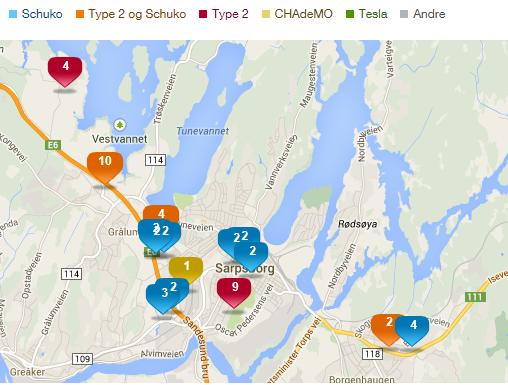 Iseveien senter - 2 punkter (Type 2 og Schuko) Coop Extra Iseveien - 4 punkter (Schuko) Hurtigladestasjoner: Fortum hurtigladestasjon, Alvim v/ McDonalds - 1 punkt (CHAdeMO, Schuko) Brennes Auto AS,