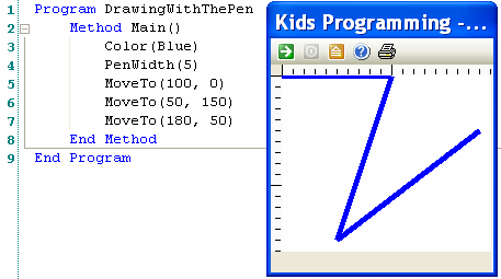 Den første instruksjonen vi legger til er MoveTo(100, 0). Dette ber KPL om å flytte pennen til posisjonen (100, 0) på skjermen, som er toppen av stjernen.