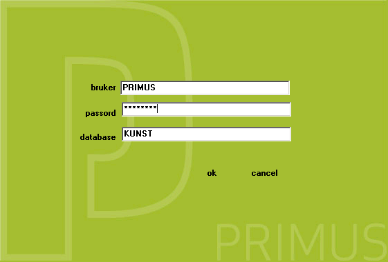 Hovedelementer og funksjoner Brukernavn og tilgang Når du starter Primus, kommer det opp en dialogboks der brukeren skal skrive inn brukernavn, passord og databasenavn.