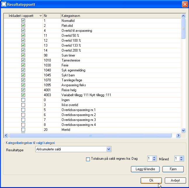 For å definere et resultatoppsett velger du endre og følgende skjermbilde med visning av alle kategoriene vil vises. For å lage en kategoribetingelse, velger du en kategori fra listen.