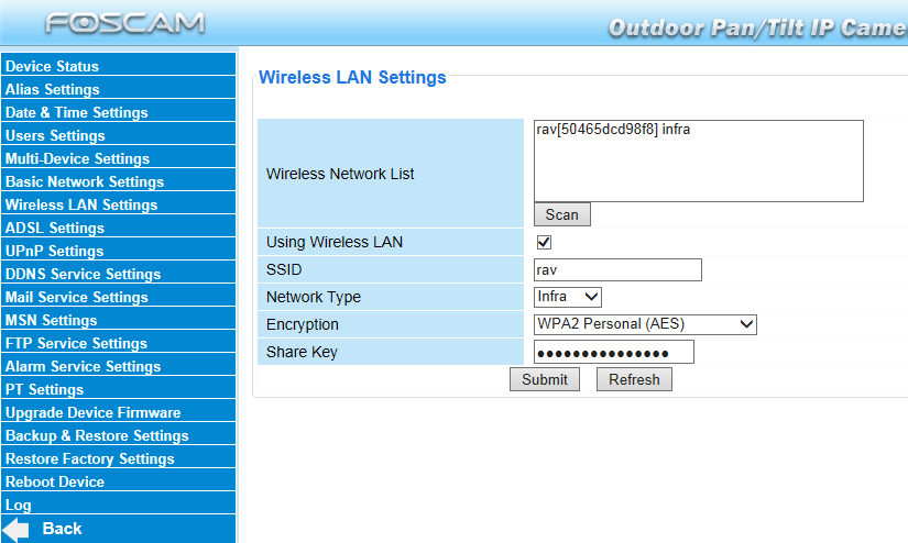 Oppsett av wlan/trådløst nettverk Logg på kamera og velg Device Management Velg Wireless LAN Settings Klikk Scan Velg ditt wlan i listen.