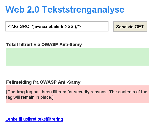 8.1. Manuell sårbarhetsanalyse 55 For å teste om applikasjonens sikre tekstfiltrering var utsatt for XSS-angrep, ble det forsøkt å sende inn en melding med følgende JavaScript-innhold: <IMG SRC=