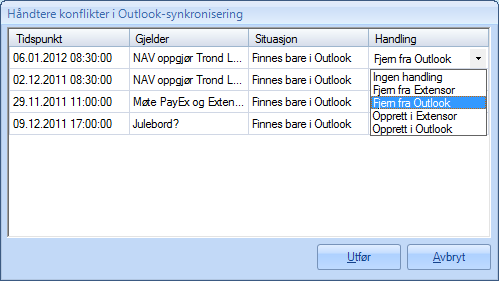 Legg merke til at Extensor er den «sterke part». Det vil si at den prøver å synkronisere fra Extensor til Outlook. Her er det flere valgmuligheter. Ingen handling: Situasjonen blir uberørt.