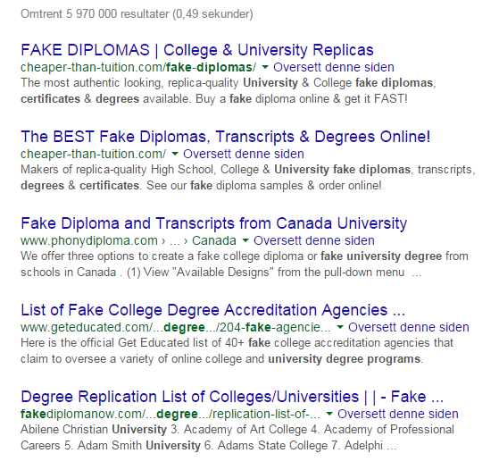 Fra Google søk fake university