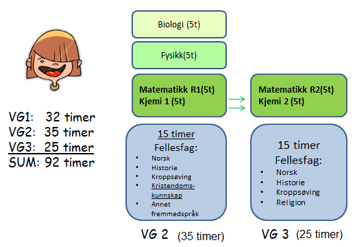 Eksempel 3: «Omvalg» av fast programfag: Denne eleven har valgt realfag. Han velger Kjemi og Matematikk S som sine to faste fag i Vg2. I tillegg velger han et tredje realfag (Biologi 1).