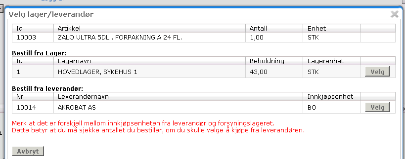 Hvis du endrer fra lager til hovedleverandøren vil pris og enhet samt linjesum endres.