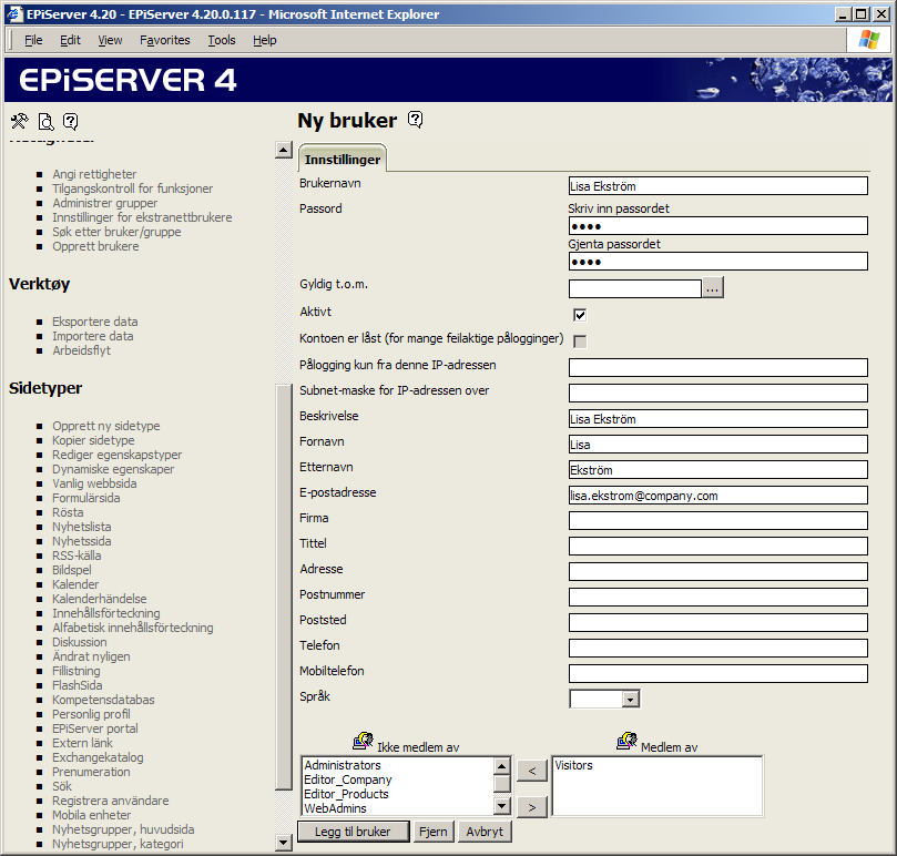36 Administratorhåndbok EPiServer 4.20 Opprett brukere Med alternativet Opprett brukere kan du legge opp brukere i EPiServer som ikke eksisterer i Windows.