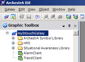 Lage Historisk Trend Når databasen er opprettet kan vi lage en historisk trend, som viser data logget med Historian. 1. Åpne programmet ArchestrA IDE. 2. Trykk på view -> Graphic Toolbox. 3.