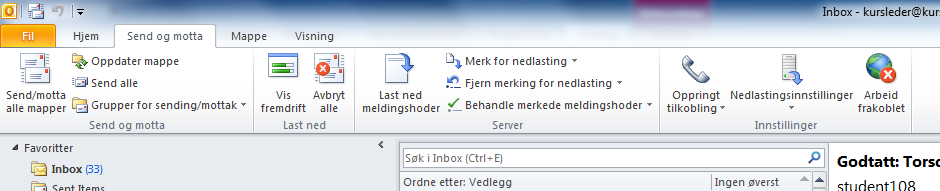 Send og motta Send og motta Send/motta alle mapper: Sender og mottar eposter fra/til alle mappene du har i Outlook Oppdater mappe: Sender og mottar eposter til mappen du