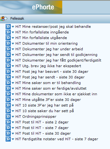 3 Venstremenyen I menyen lengst til venstre i skjermbildet finner du bl.a. Fellessøk som er tilgjengelig for alle ephorte-brukere.