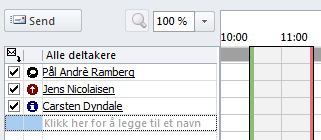 23 9 a b d e f g h 8 A -> E Kalle inn til møter Følg samme oppskrift som for innlegging av egne avtaler (forrige side), men inviter deltakere i tillegg. Klikk på «Inviter deltakere».