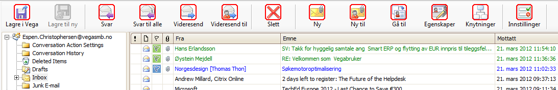 Vega SMB gir oversikt med felles lagring av e-post Send og autoarkiver e-post fra Vega 1. Klikk på kontaktpersonen i kundekortet, Klikk på e-post hyperlink. 2.