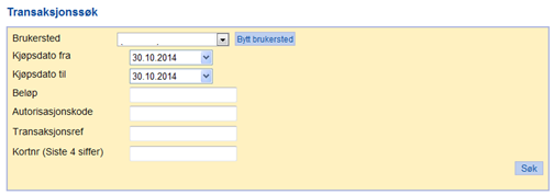 1.1.3 Transaksjonssøk Man kan søke i egne transaksjoner. Man kan søke på kjøpsdato, beløp, autorisasjonskode, transaksjonsref og fire siste siffer i kortnummer. 1.2 