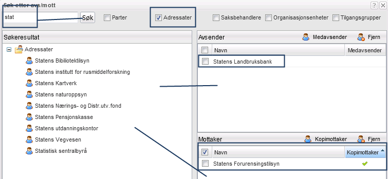 13 Søk etter avs/mottaker: o Må hake av på enten parter eller adressater o Skriv inn f.