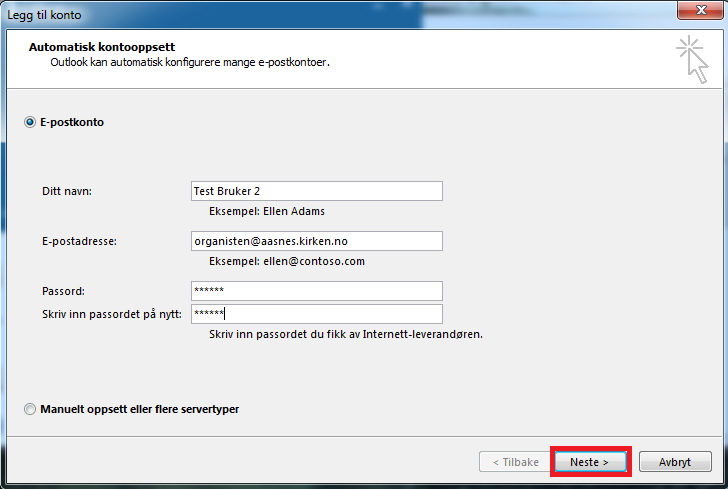Sette opp Outlook/e-post på lokal PC Når du åpner Outlook for første gang får du opp denne ruten her, skriv