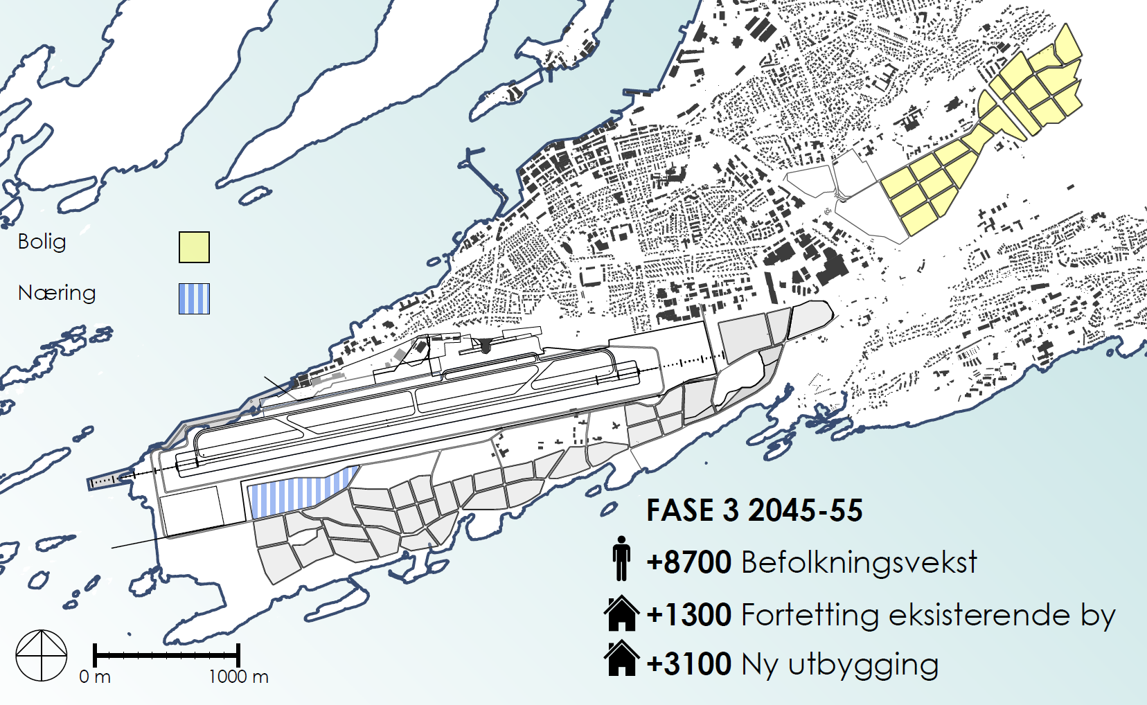 63 5.8.3 Fase 3: 2045-55 Figur 39 Mot slutten av perioden 2045 55 vil området syd for flyplassen være ferdig utbygget. Utbygging på Rønvikjordene må da ta til. 5.9 Alternativer for langsiktig byutvikling.