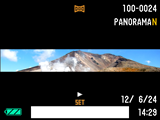 Å se et panoramabilde 1. Trykk på [p] (PLAY) og bruk deretter [4] og [6] til å vise panoramabildene du ønsker å se. 2. Trykk på [SET] for å starte avspilling av panoramaet.