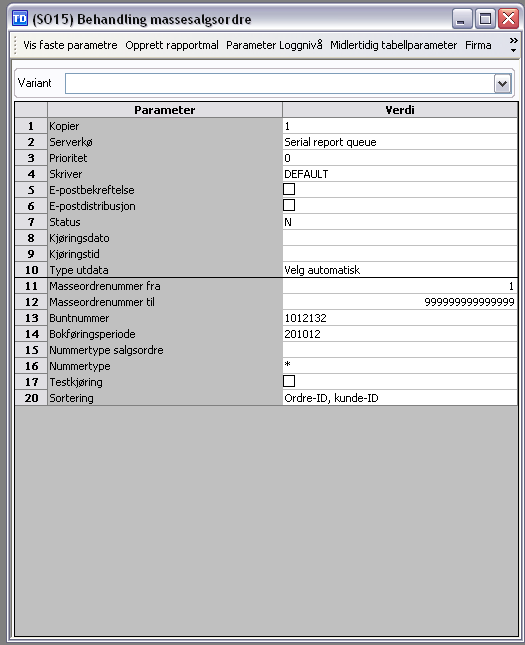 Parametre SO15 - Behandling massesalgsordre Masseordrenummer fra Laveste ordrenummer som skal inkluderes. Masseordrenummer til Høyeste ordrenummer som skal inkluderes. Buntnr. Buntnummer.