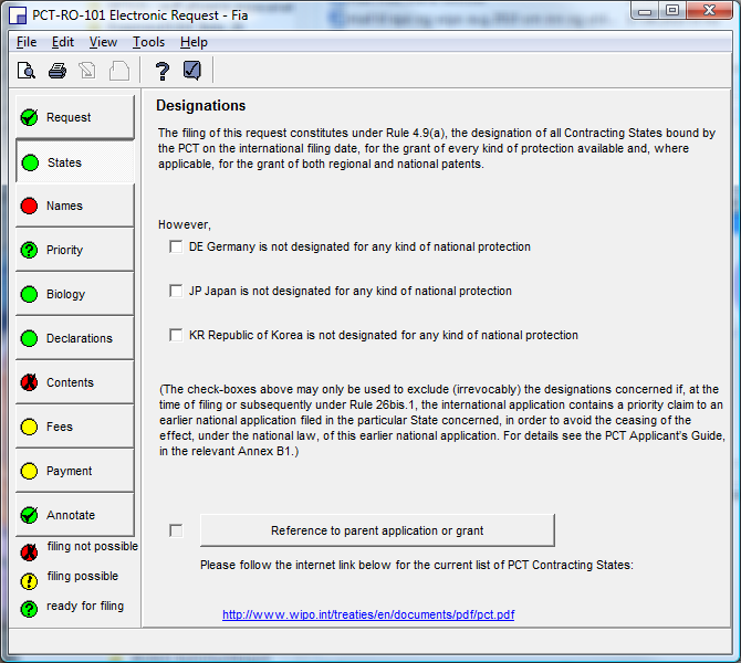 States/Utpekninger Denne fanen skal du kun benytte hvis du ønsker å ekskludere stater eller ønsker ytterligere beskyttelse. I alle PCT-søknader blir alle stater automatisk utpekt/designated.