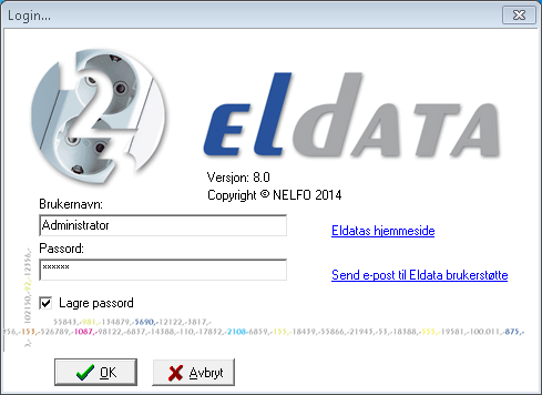 Logg inn Dette bildet bruker du til å logge deg inn på ELdata: ELdata brukerveiledning For å bruke ELdata må du logge deg på med et brukernavn og passord som tidligere er registrert i Bruker