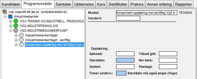 Veien til ønsket sluttkompetanse Før sending av svar på søknad må det angis innhold i utdannelsesløp for søkt sluttkompetanse. Innhold i løp er å legge på aktuelle programområder og tilhørende fag.