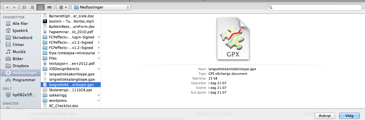 Last opp gpx-fil 1. Velg "Tracks" (standardvalget) 2. Trykk på velg fil Dialogboks for filvalg Velg ønsket gpx-fil. Du kan navigere deg rundt på maskinen.