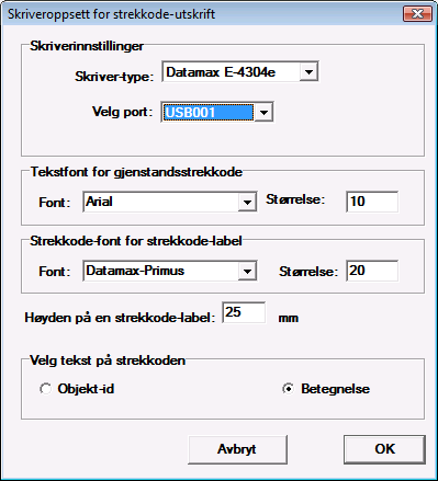 Primus Oppsett av strekkodeskriver 7 Hvis du velger USB001 under i lista Velg port så vil skjermbildet skifte utseende til slik som vist under.