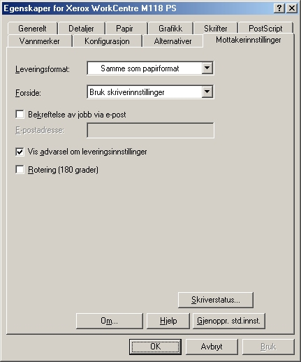 2 Bruk i Windows 95/98/Me Innstillinger i kategorien Mottakerinnstillinger I denne delen beskrives innstillingene i kategorien Mottakerinnstillinger.