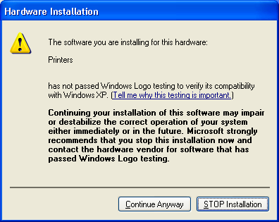 7 Velg Install the software automatically (Recommended), og klikk på Nesteknappen. En dialogboks åpnes med en advarsel om at programvaren ikke bestod Windows Logo-testingen.