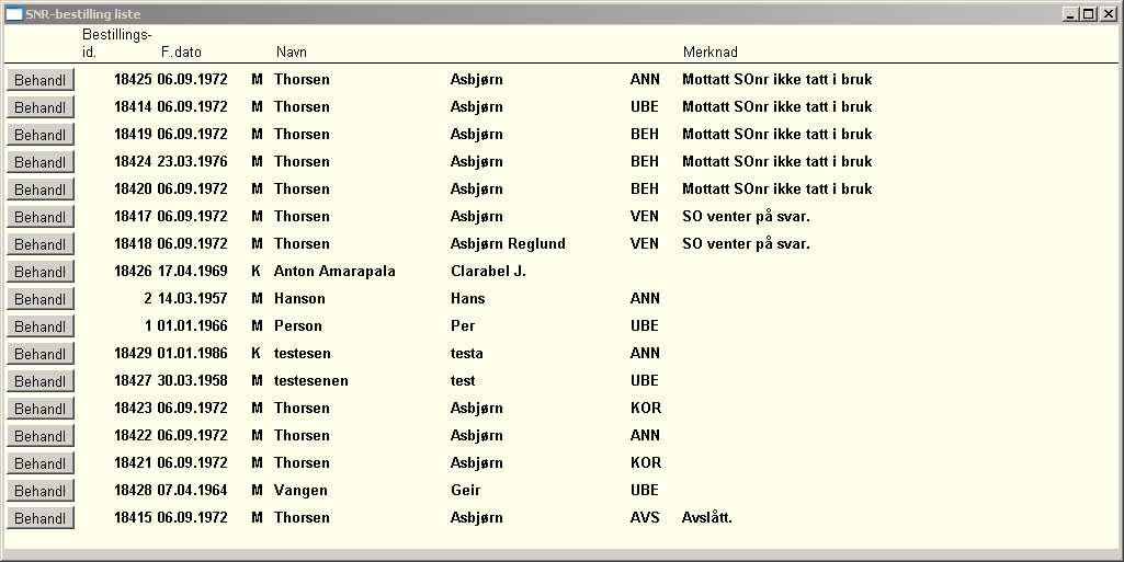 I bildet Endring av fødselsnummer (kun fremvisning), er det kolonner som viser dato for overføring til SO og en bestillingsid.