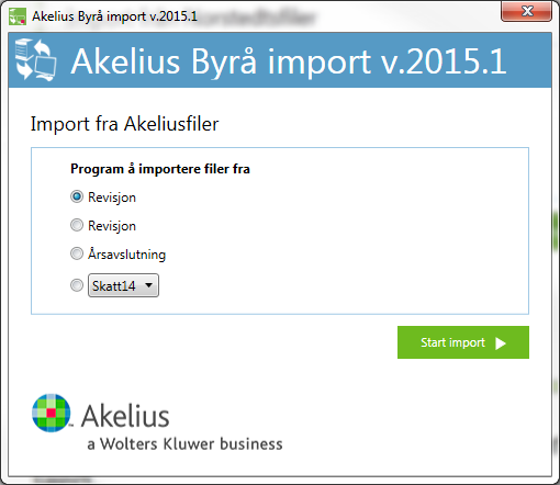 Her velger du i hvilken rekkefølge du ønsker å importere filene. Du kan kun importere fra det program om gangen. OBS! Start med det programmet som inneholder flest antall klienter.