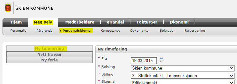 REGISTRERE TIMER Når du er inne på Visma Min Side Skien kan du registrere timelisten og sende denne inn elektronisk Klikk på Meg selv. I valgene under klikker du Personalskjema.