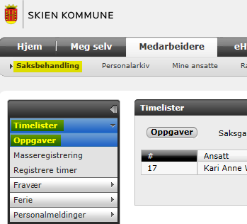Alternativt kan du gå til oppgaven ved å klikke direkte på den på forsiden, eller ved å gå til Medarbeidere og til Saksbehandling der du får oversikten over alle timelistene på