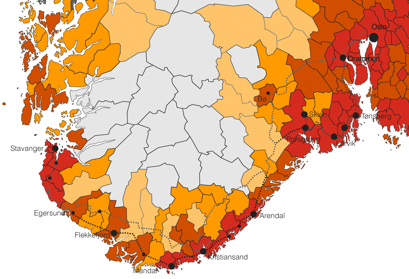 5.1 Sørvestbanens influensområde Sørvestbanen går gjennom en av de mest folkerike regionene i Norge, og treffer ca. 40 % av den totale befolkningen fra start til mål (Oslo - Stavanger) 9.