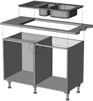 hvor mye platetoppen bygger i høyden. NB! Husk forsegling av alle kuttflater i benkeplaten for eksempel med silikon.